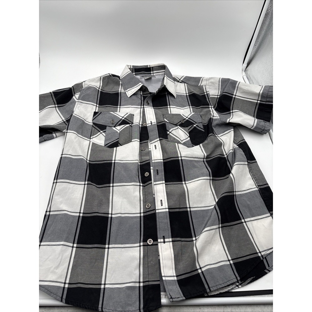 Ablanche New York Button Down Mens Shirt Gray White Black Checkered Short Sleeve